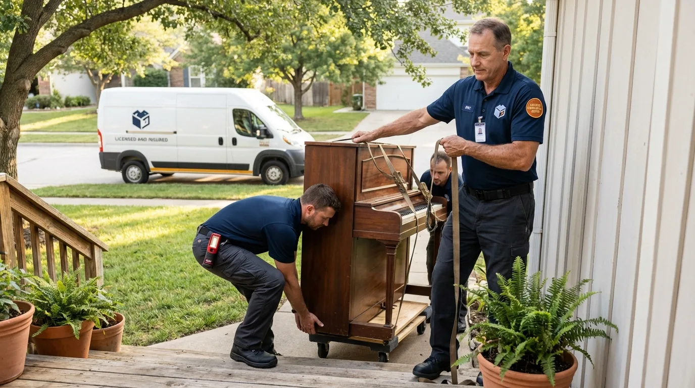 Licensed piano movers securing grand piano in Rush City, MN