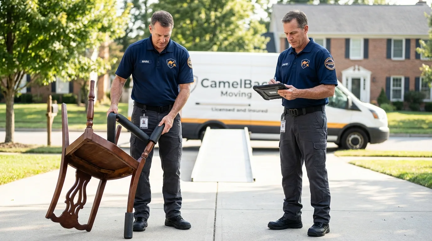 Movers inspecting furniture for damage prevention before loading in Rush City, MN