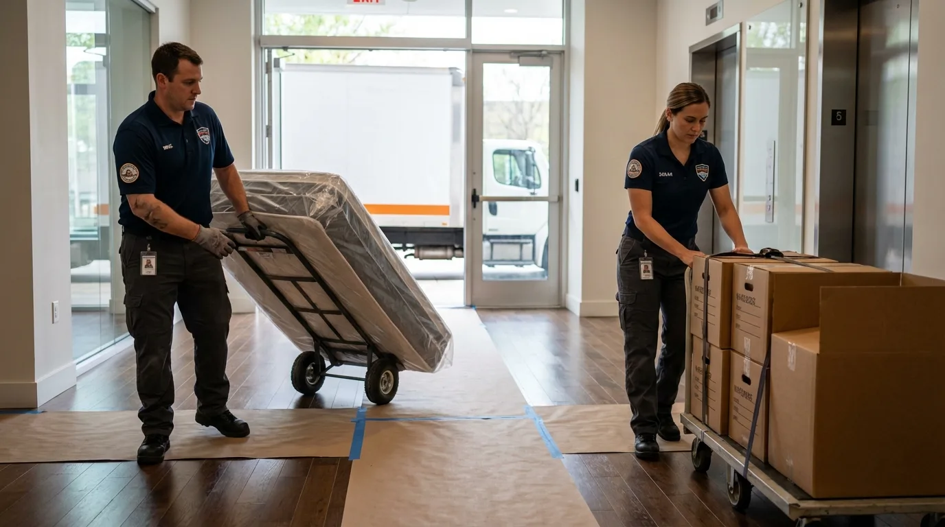 Professional apartment movers loading elevator in Rush City, MN